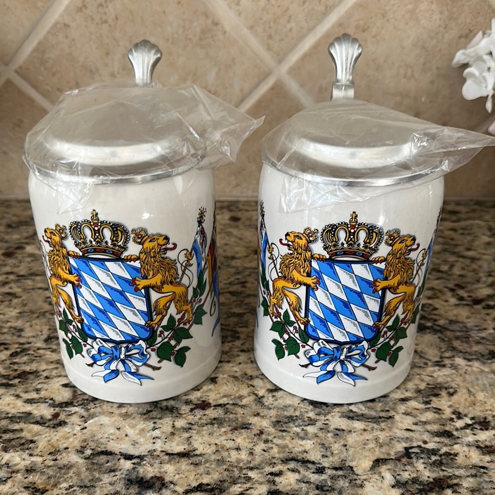 2 Bavarian Crest Ceramic Beer Steins, Munich, Germany, Deutschland